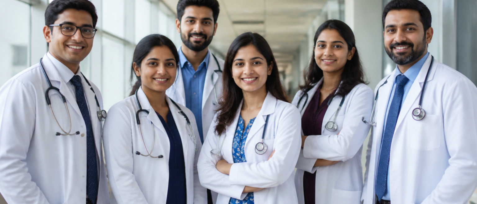 A group of Indian doctors in a UK hospital corridor